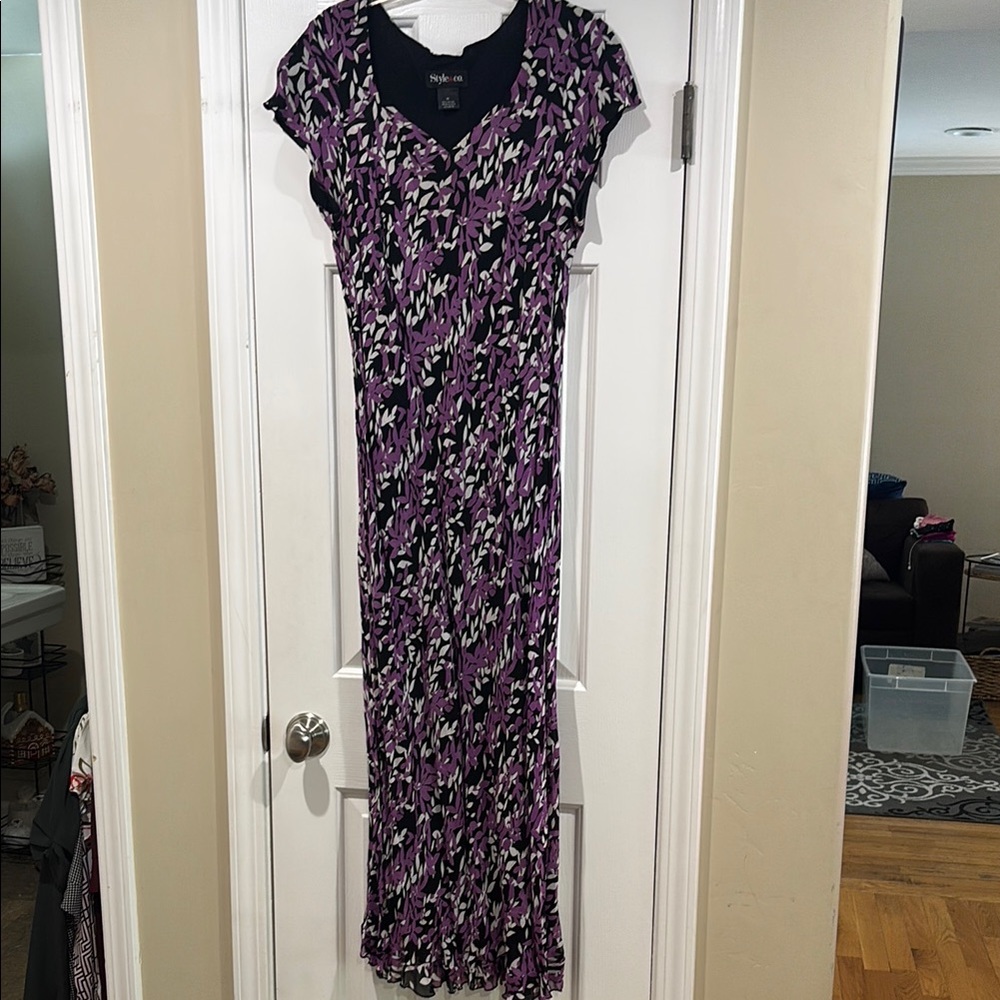 Style & Co Purple and Black Flutter Sleeve Wrap Maxi Dress